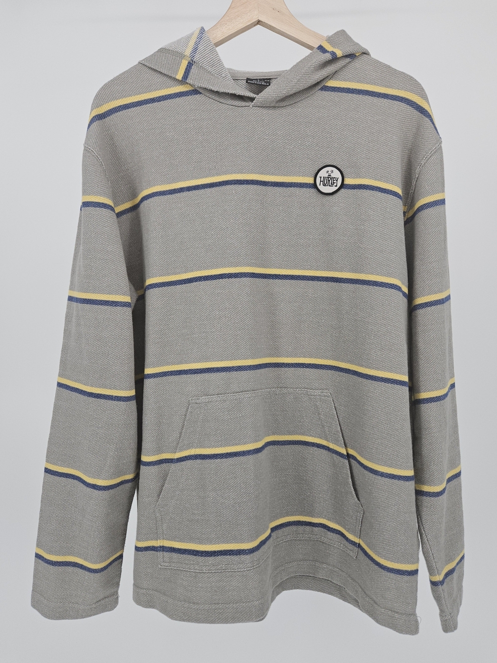 Hurley Gray Yellow Blue Striped Hooded Pullover Sweater Large